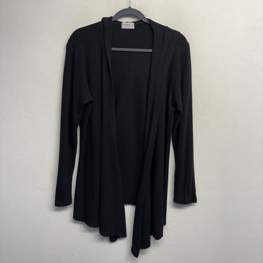 allen allend waterfall‎ cardigan hooded L black waffle sweater